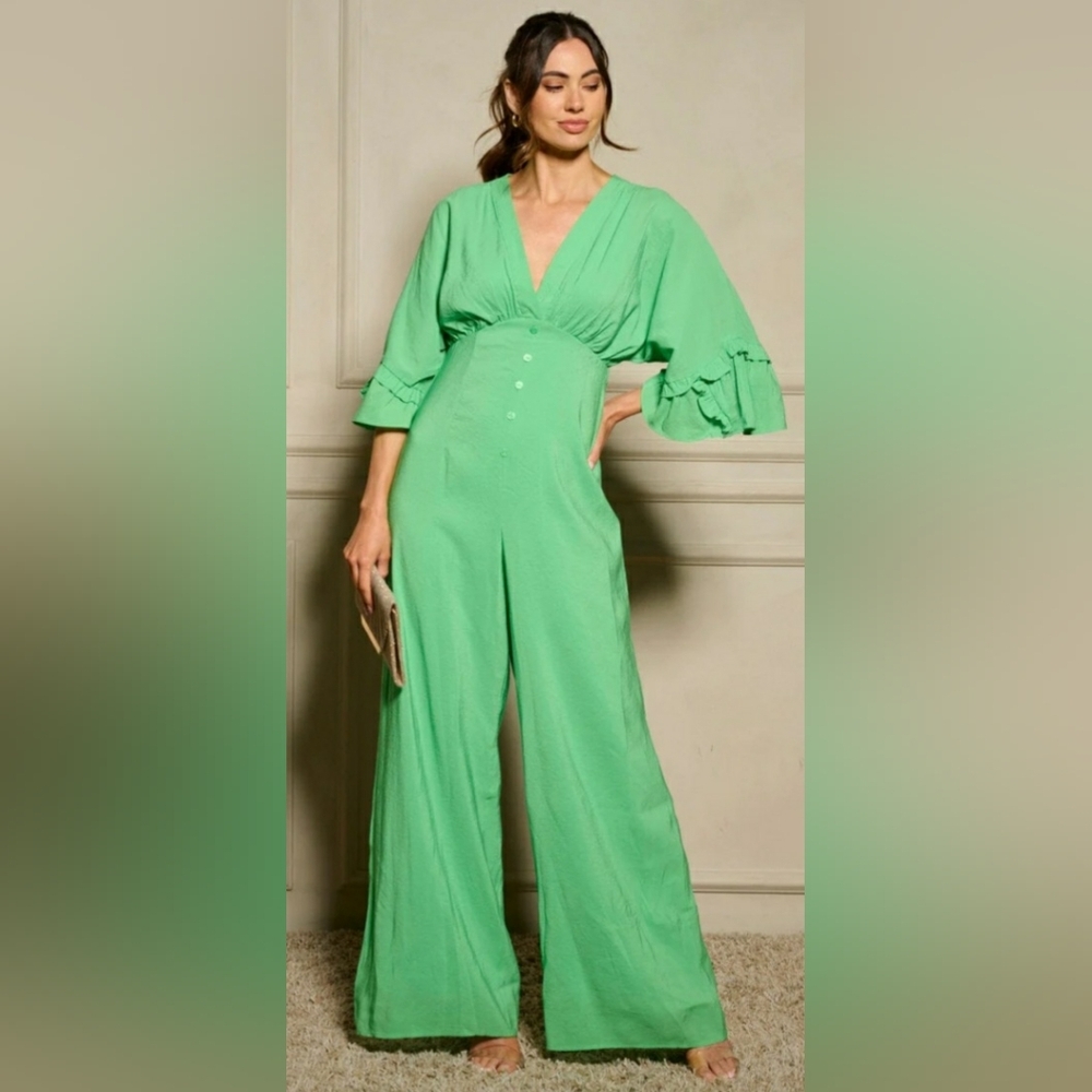 Chicways Deep V- Neck Empire Waist Wide Leg Jumpsuit Green Various Sizes NWT - Picture 4 of 4